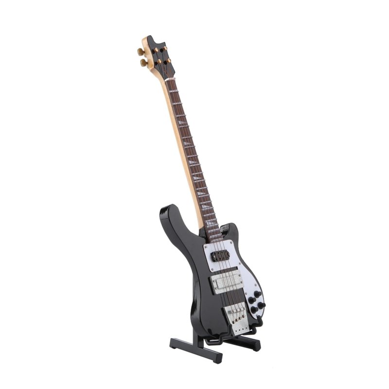 Side view of the Miniature Electric Bass Guitar with black color guitar stand