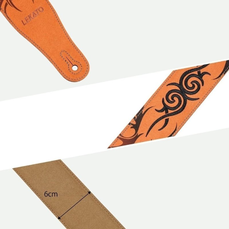 Detailed view of the suede leather guitar strap with tribal pattern embroidery