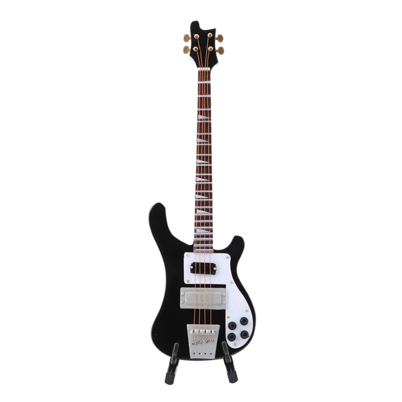 Front view of a miniature electric bass guitar with a guitar stand, colored black.