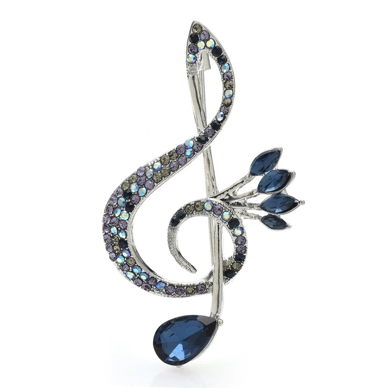 Magnificent Treble Clef Brooch with Blue Rhinestones