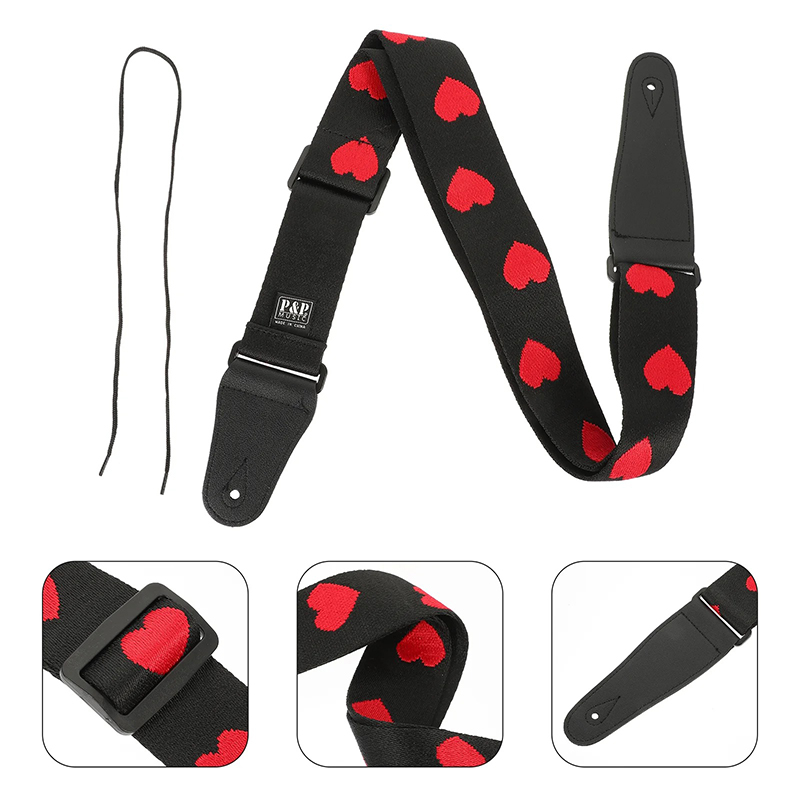 Complete details of the guitar strap embroidered with Burning Red Hearts