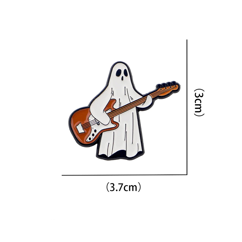 Dimensions of an Enamel Pin of a Small Ghost Playing the Guitar