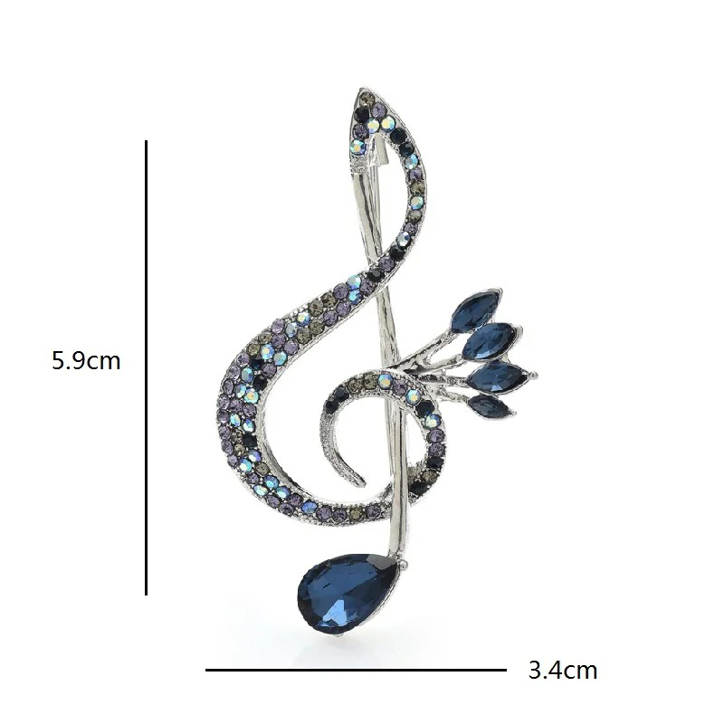 Dimensions of the Treble Clef Brooch with Blue Rhinestones