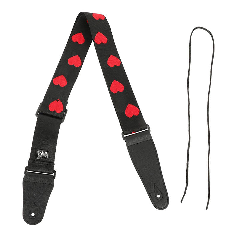Magnificent guitar strap embroidered with fiery red hearts