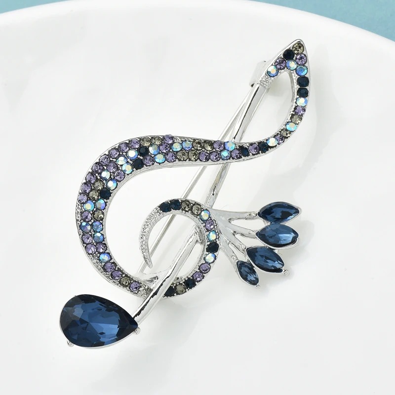 Treble Clef Brooch with Blue Rhinestones
