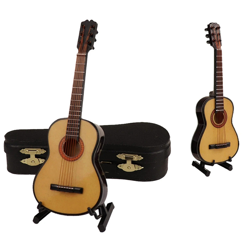Full view of the miniature acoustic guitar with case and guitar stand - 3 sizes - 5 colors!
