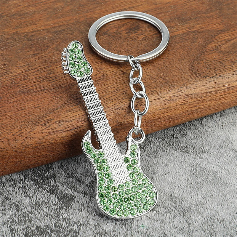 Electric guitar keychain with rhinestones in 6 colors to choose from - green color