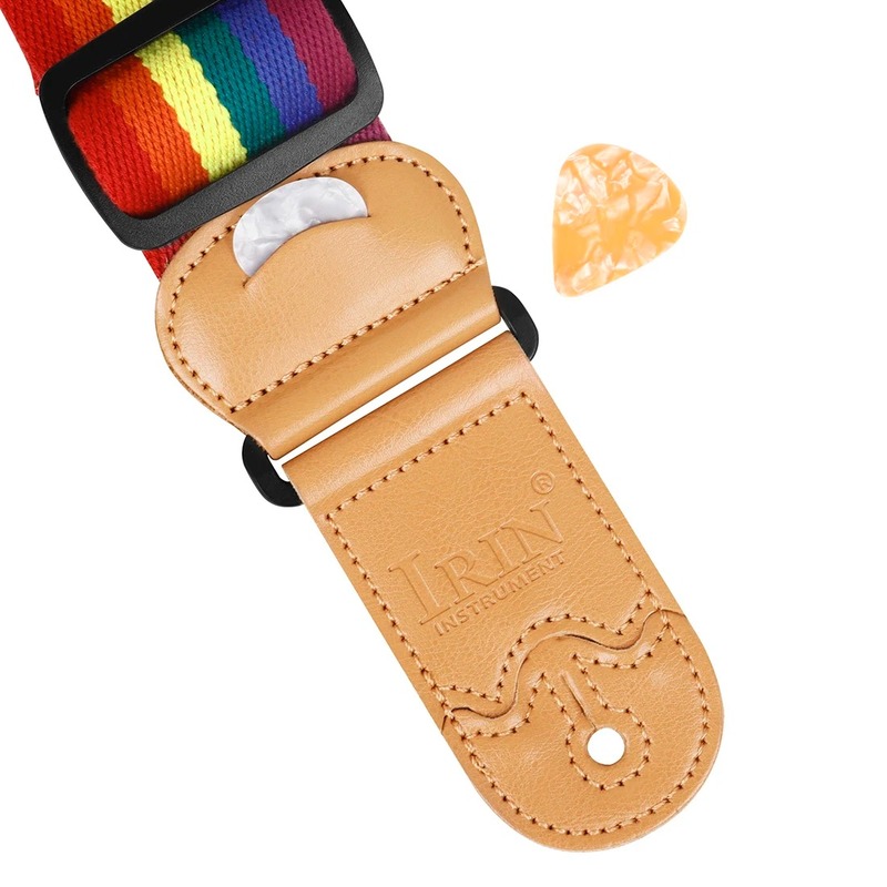 View of the pick on the guitar strap with rainbow design.