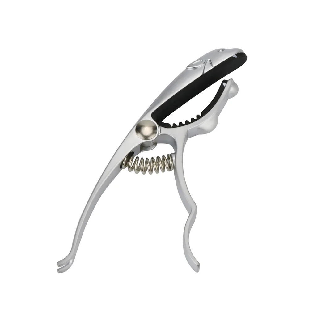 A metal capo made of zinc alloy in the shape of a steel-colored leopard.