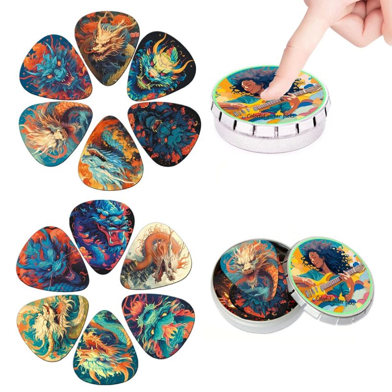 Details Set of 12 Mystical Dragons Guitar Picks with Metal Storage Box