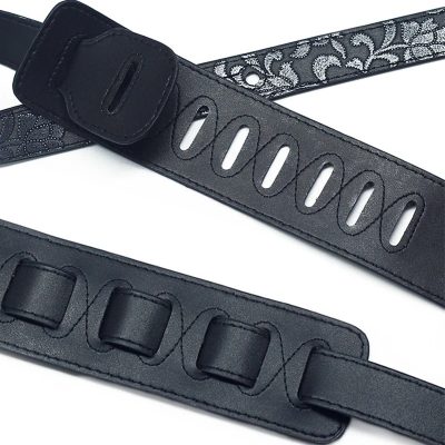 Details of the 'Floral Elegance' Black Baroque PU Leather Guitar Strap