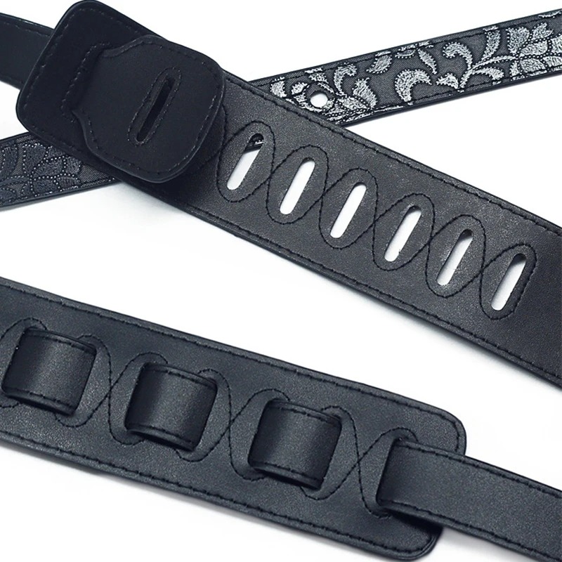 Details of the 'Floral Elegance' Black Baroque PU Leather Guitar Strap