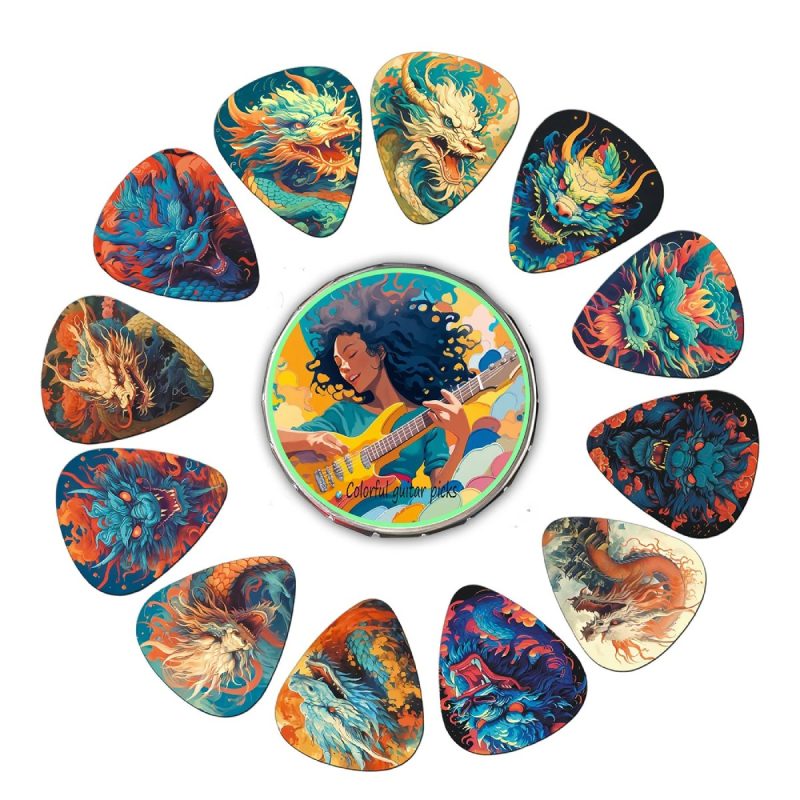 Details of the Set of 12 Mystic Dragon Guitar Picks with Metal Storage Box