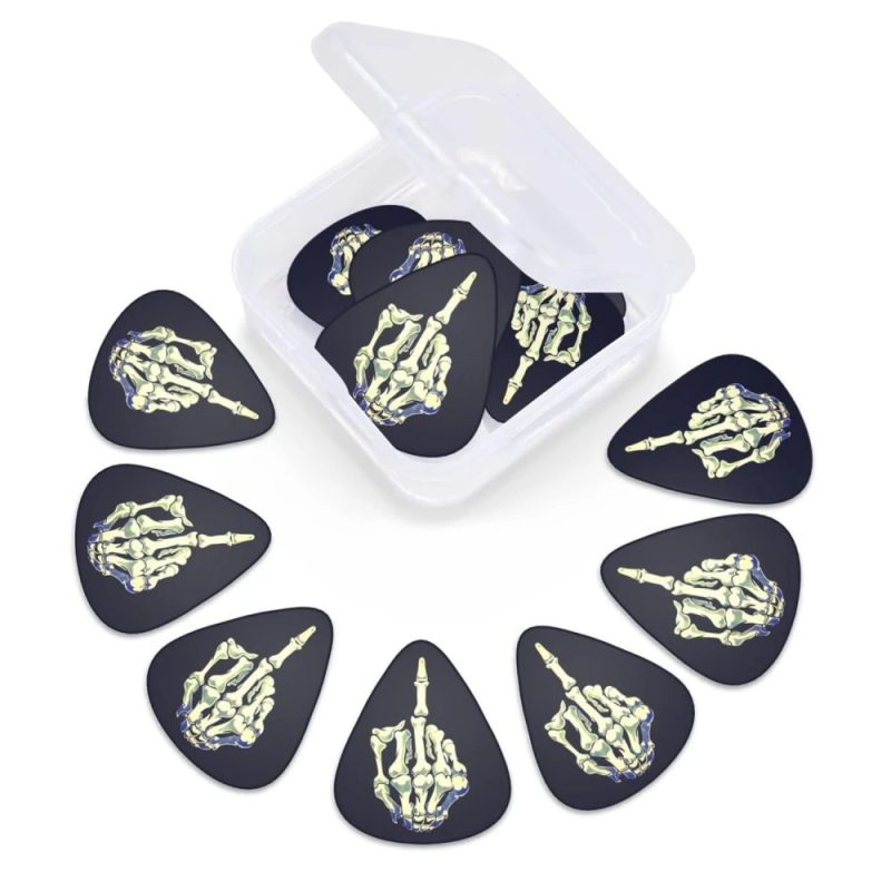 Beautiful Set of 12 Skeleton Middle Finger Guitar Picks 'Final Chord