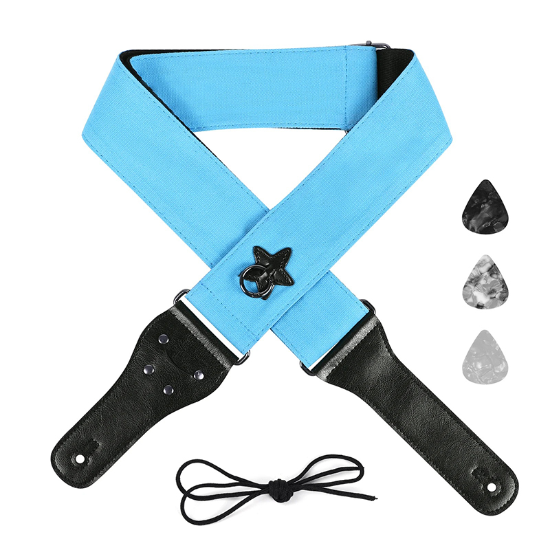 Blue star-shaped suspension ring on a cotton guitar strap