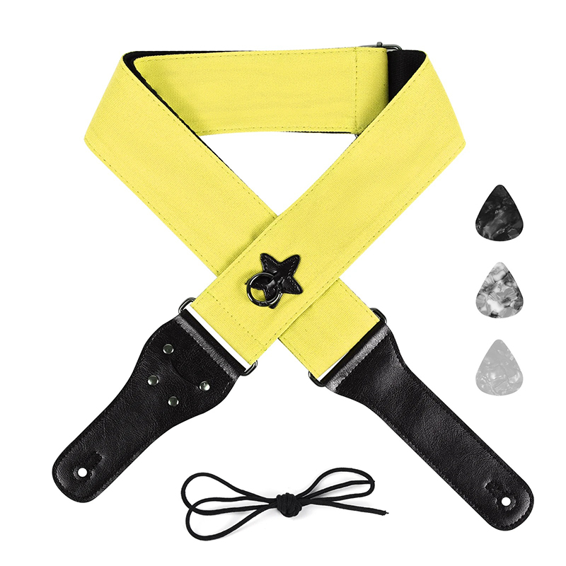 Cotton guitar strap with yellow star-shaped suspension ring