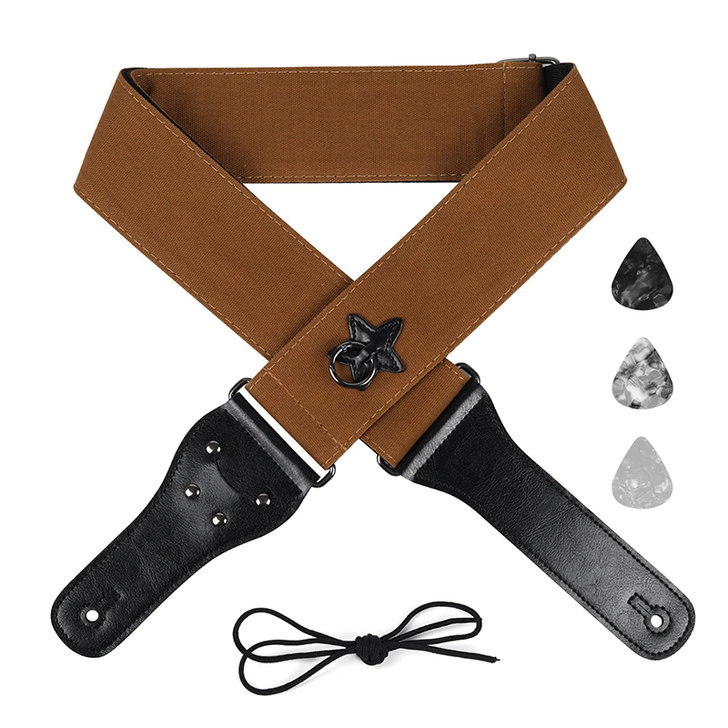 Cotton guitar strap with star-shaped suspension ring, brown color (1)