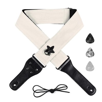Pale pink star-shaped suspension ring on a cotton guitar strap