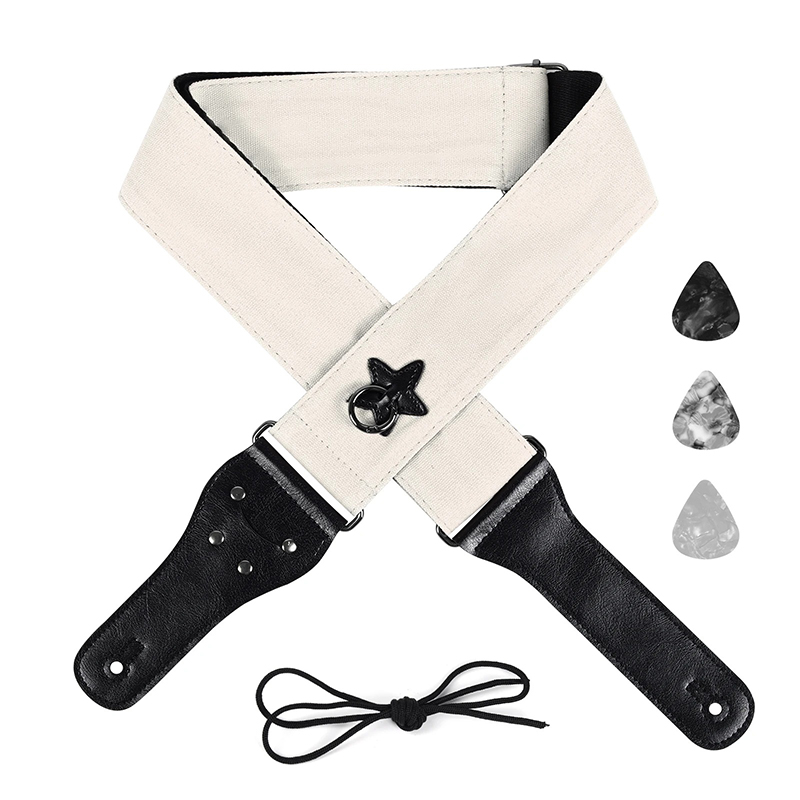 Pale pink star-shaped suspension ring on a cotton guitar strap