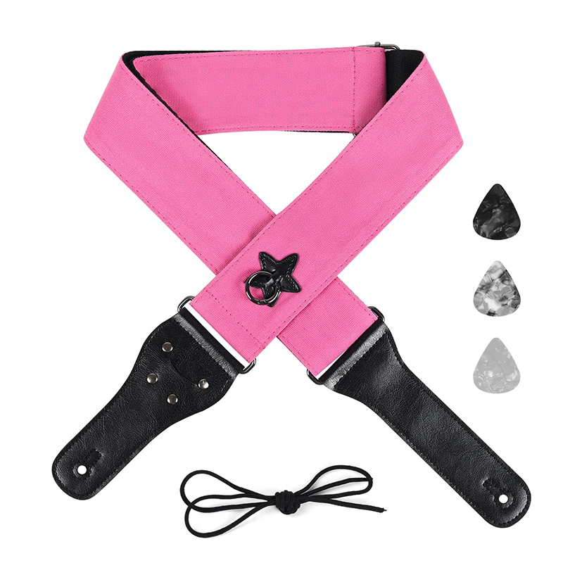 Cotton guitar strap with a pink star-shaped suspension ring