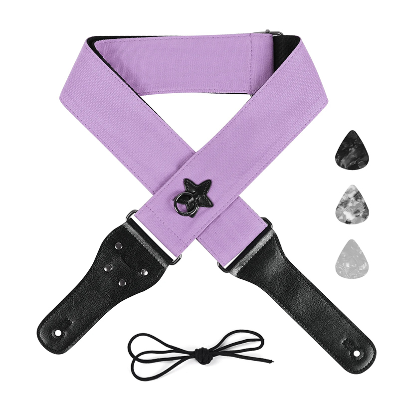 Cotton guitar strap with a violet-colored star suspension ring