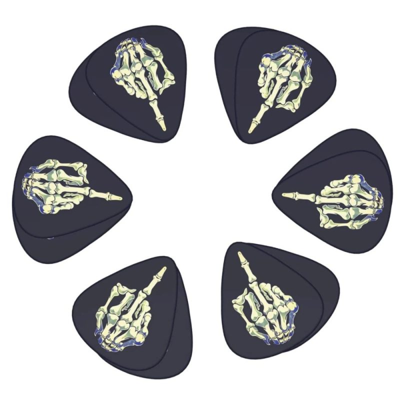 Full view of the set of 12 'Final Chord' Skeleton Middle Finger Guitar Picks