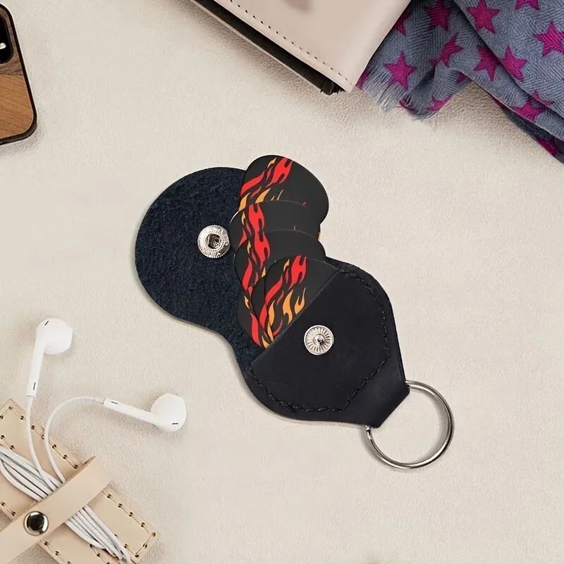 Overview of the set of 6 Flaming Burst Guitar Picks with complimentary case.