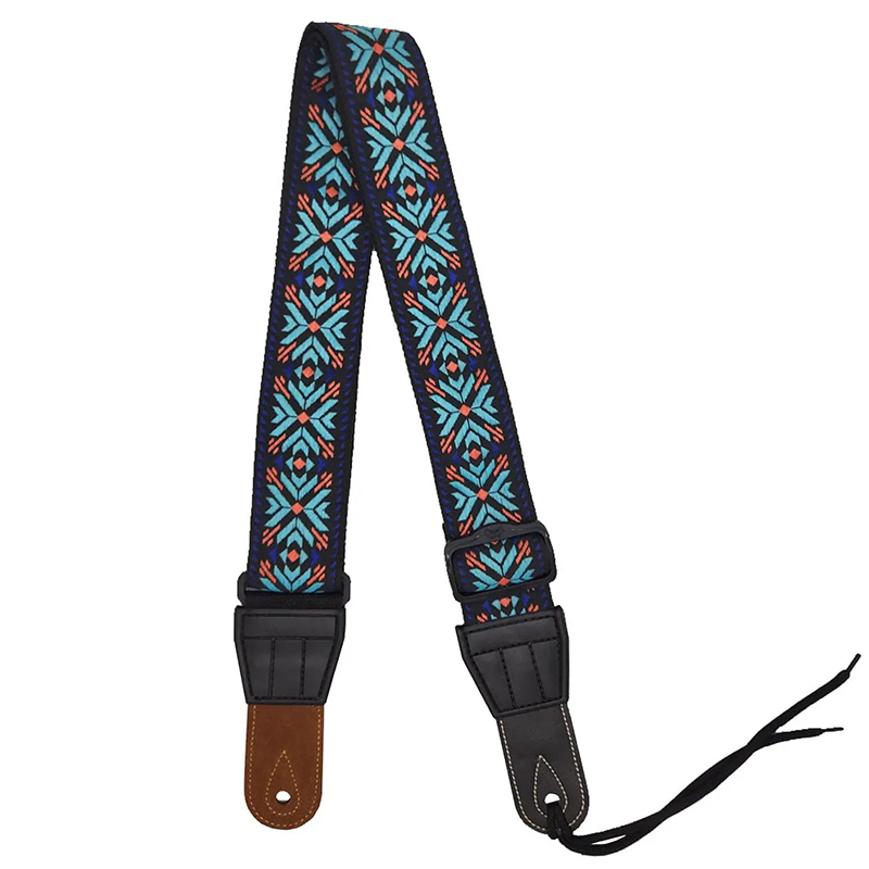 Overall view of the 'Midnight Flowers' acoustic guitar strap.