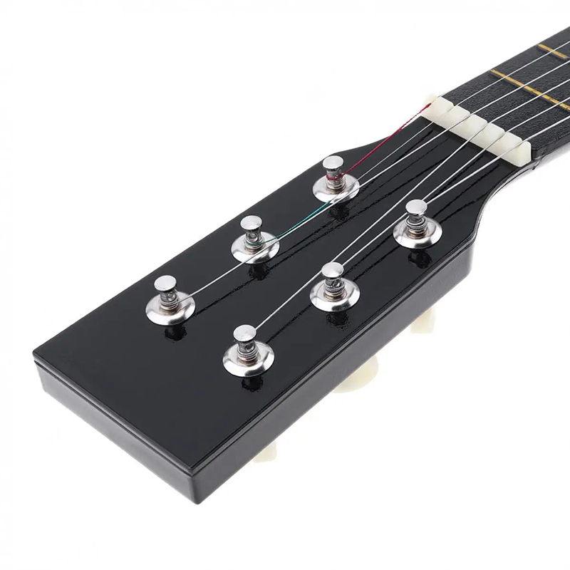 Details of a black, linden wood classical guitar for children