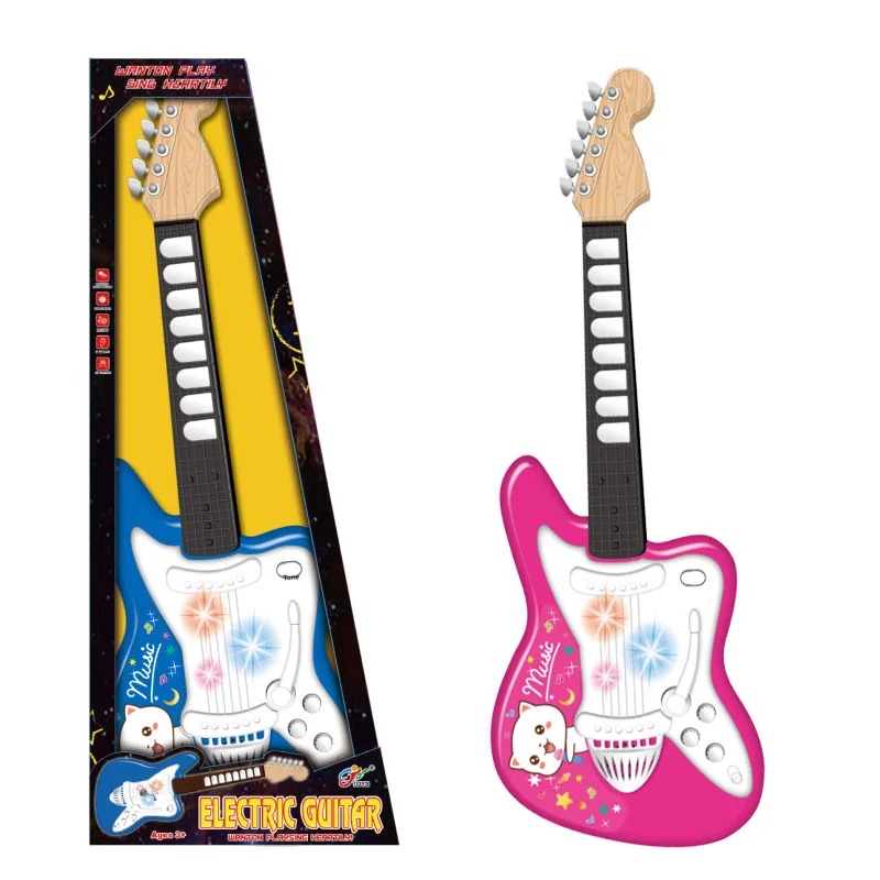 Electric guitar for children, suitable for girls or boys, in pink color.
