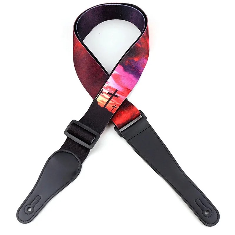 Guitar strap - Christian Spiritual Theme - "Sacred Sunset - The Three Crosses