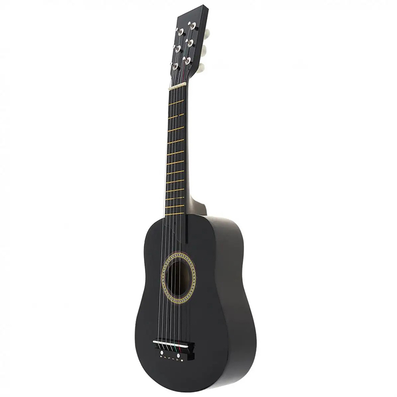Side view of a black linden wood classical guitar for children