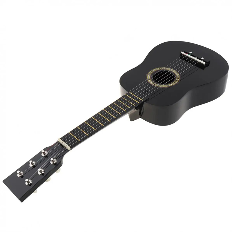 Overview of a black linden wood classical guitar for children.