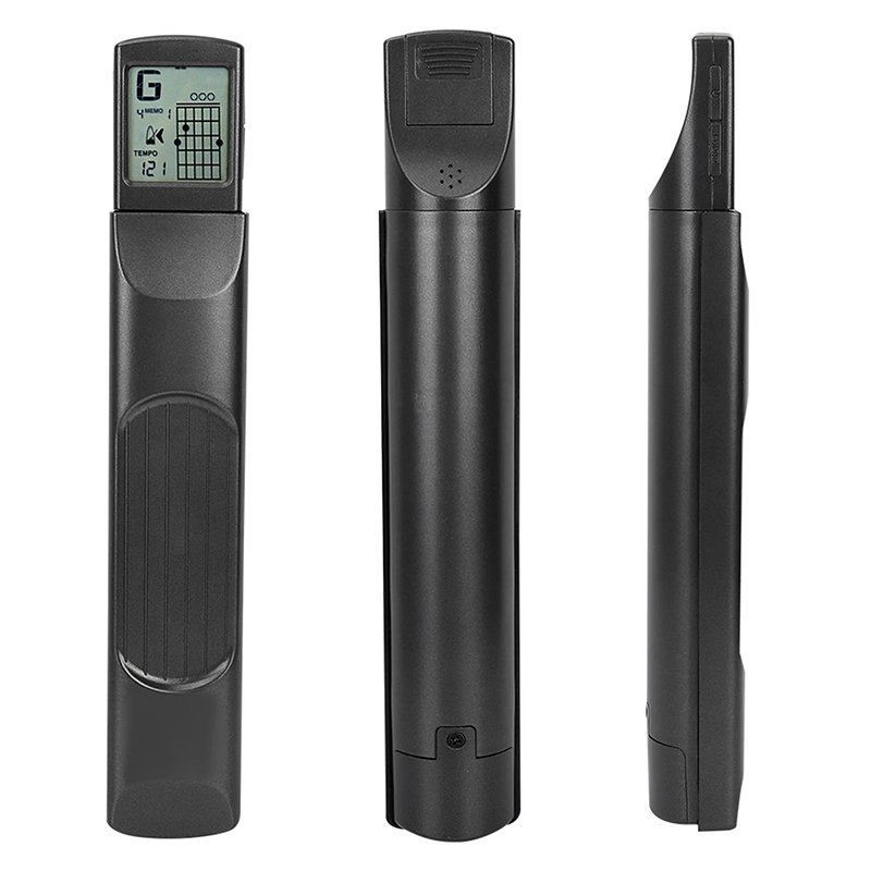 Overview of the PocketChord Pro mini training guitar - 6 frets with rotating screen and metronome.
