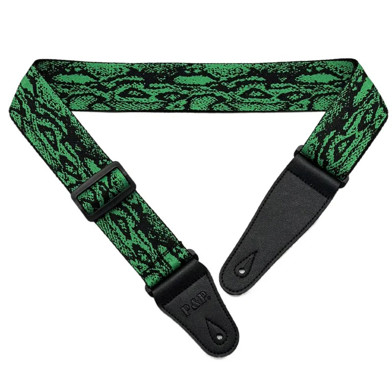 General view of the woven Jacquard acoustic guitar strap 'Green Snake Skin
