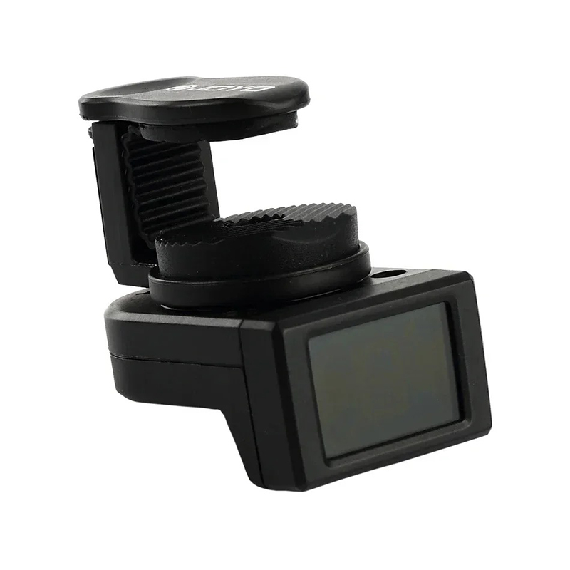 Side view of a digital guitar tuner with an LCD screen and a clip for attachment