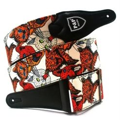 Classic Guitar Strap made of Leather and Embroidered Cotton - Wild Cats Design
