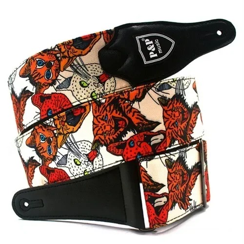 Classic Guitar Strap made of Leather and Embroidered Cotton - Wild Cats Design