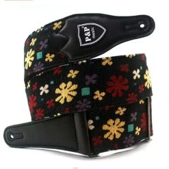 Classic guitar strap made of leather and cotton, embroidered with a bohemian flower design.
