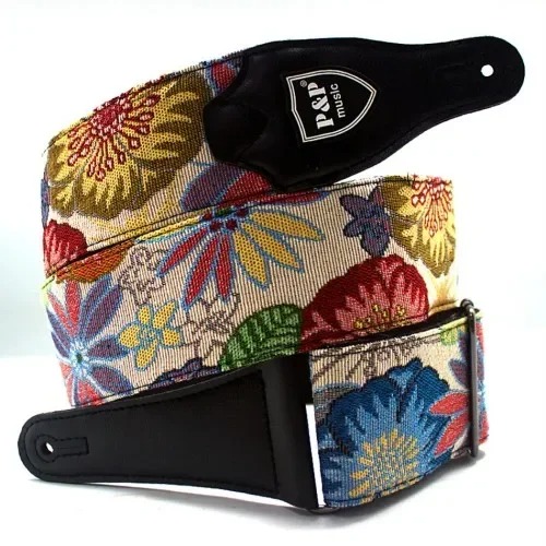 Bohemian Explosion Floral Pattern Embroidered Leather and Cotton Classic Guitar Strap