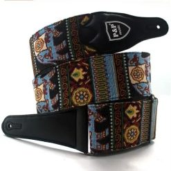 Classic Guitar Strap made of Leather and Cotton, Embroidered with Blue Oriental Kilim Pattern