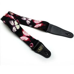 Guitar strap with Butterfly design - Glowing Red Butterflies at Midnight