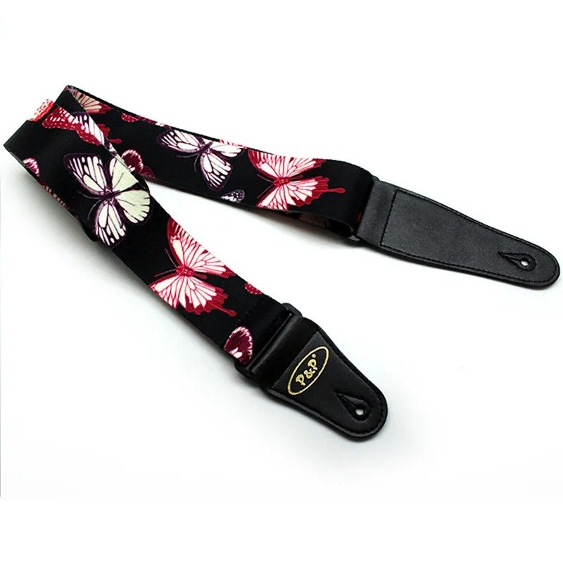 Guitar strap with Butterfly design - Glowing Red Butterflies at Midnight
