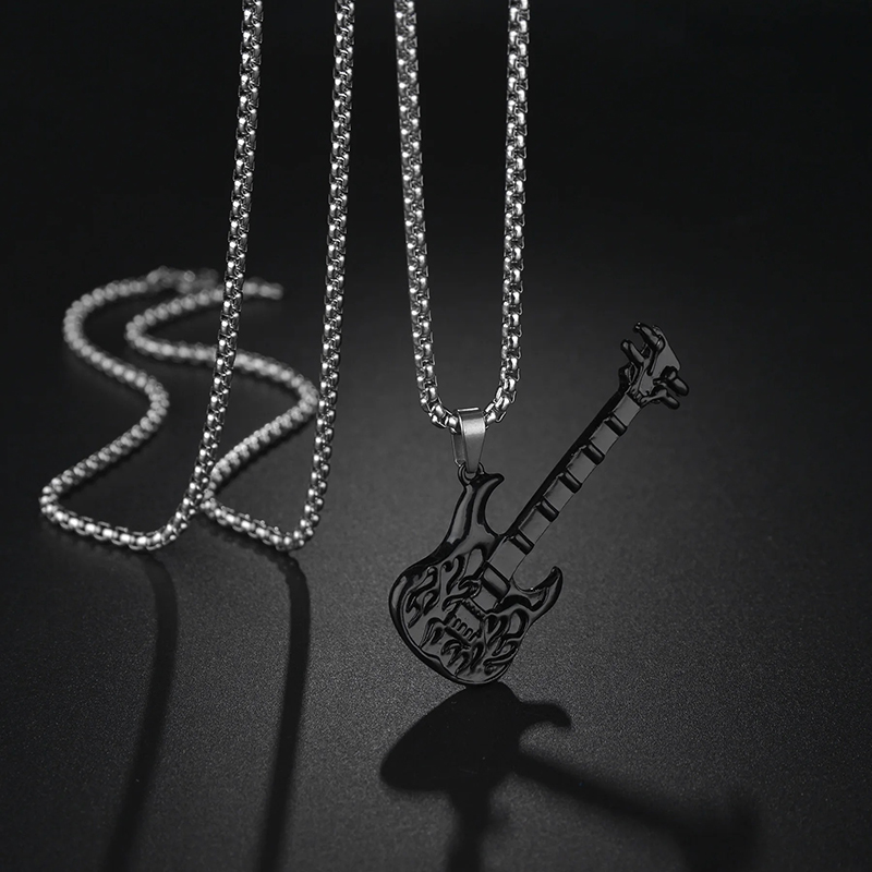 Avant Rock Metal Guitar Pendant - Dark Flame Skull