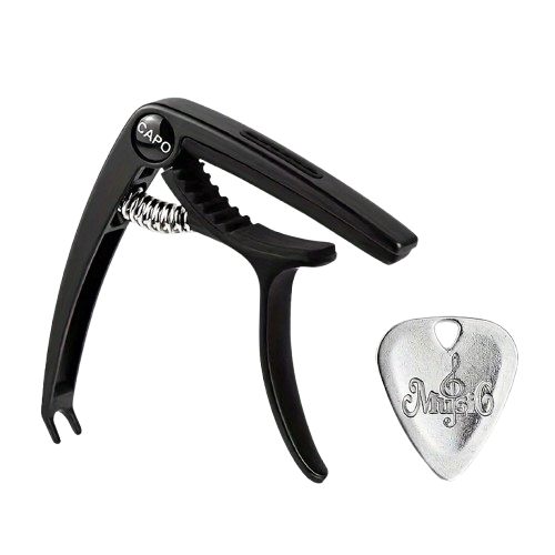 Universal Guitar Capo with Extractor and Engraved Pick - Precise Grip Model in Black Color