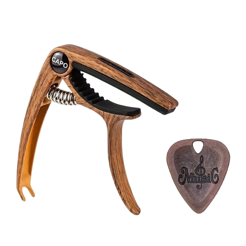 Universal Guitar Capo with Extractor and Engraved Pick - Precise Grip Model in Wood Color