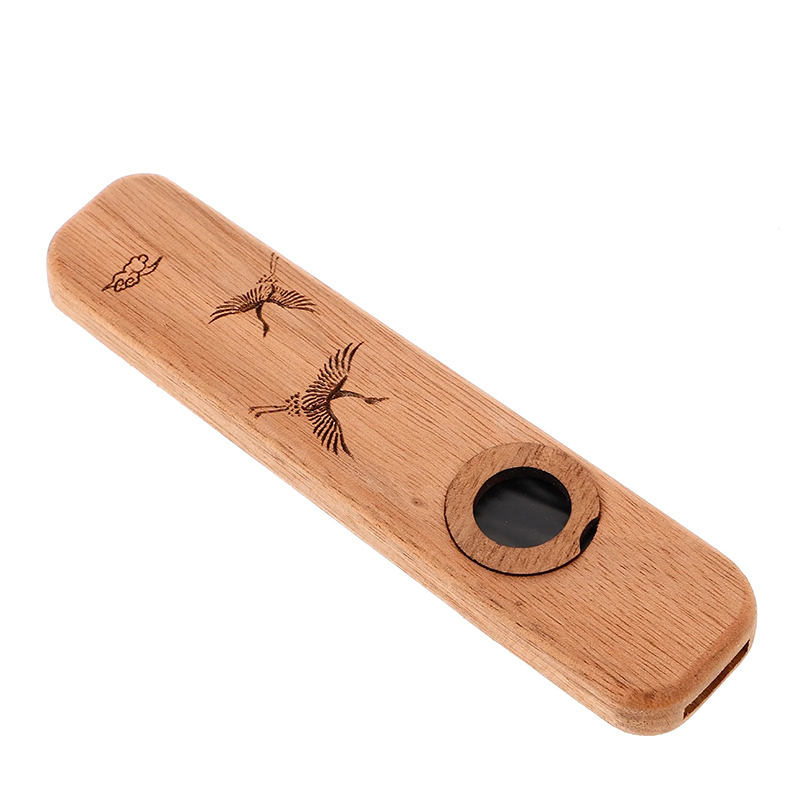 Wooden Kazoo Engraved with Japanese Crane Motif and Handcrafted Finish