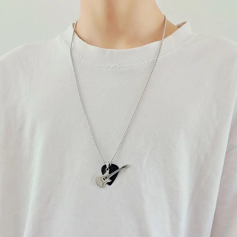 View of the black 'Pick & Roll' rock guitar pendant