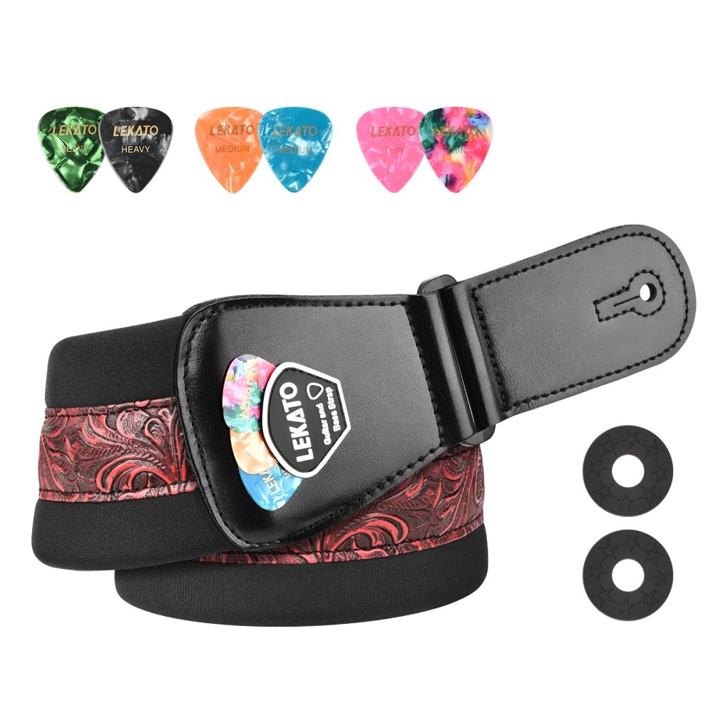 Details of the Comfortable Padded Guitar Strap with Pick Holder - Royal Red Baroque Model