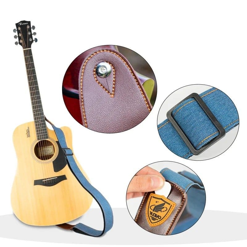 Details of the dark blue denim acoustic guitar strap